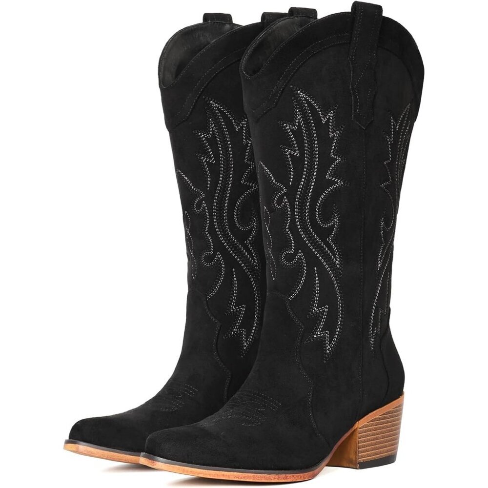 Women's Black Suede Western Cowgirl Chunky Heel Mid Calf Snip Toe Insteps Boots